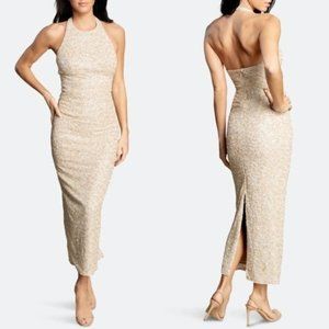 Dress The Population Cleo Gold Sequin Halter Neck Prom Gown Dress Size S